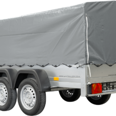 Unitrailer 264/2 Doppelachs-Kippanhänger mit Stützrad, Bügel und grauer Plane